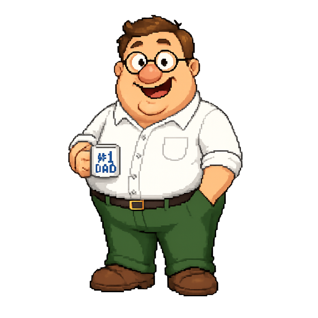Dad Coder Codex Pet sprite preview showing a cheerful coder with glasses, a white shirt, green trousers, and a small mug.