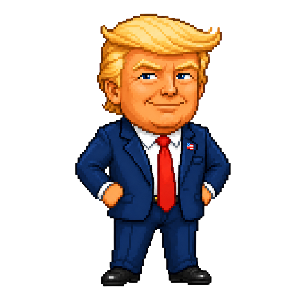 Golden Leader Codex Pet sprite preview showing a blond pixel-art character with blue eyes, a navy suit, white shirt, and red tie.