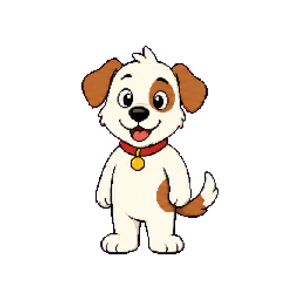 Happy Pup Codex Pet sprite preview showing a cheerful white puppy with brown ears, a red collar, and a gold tag.