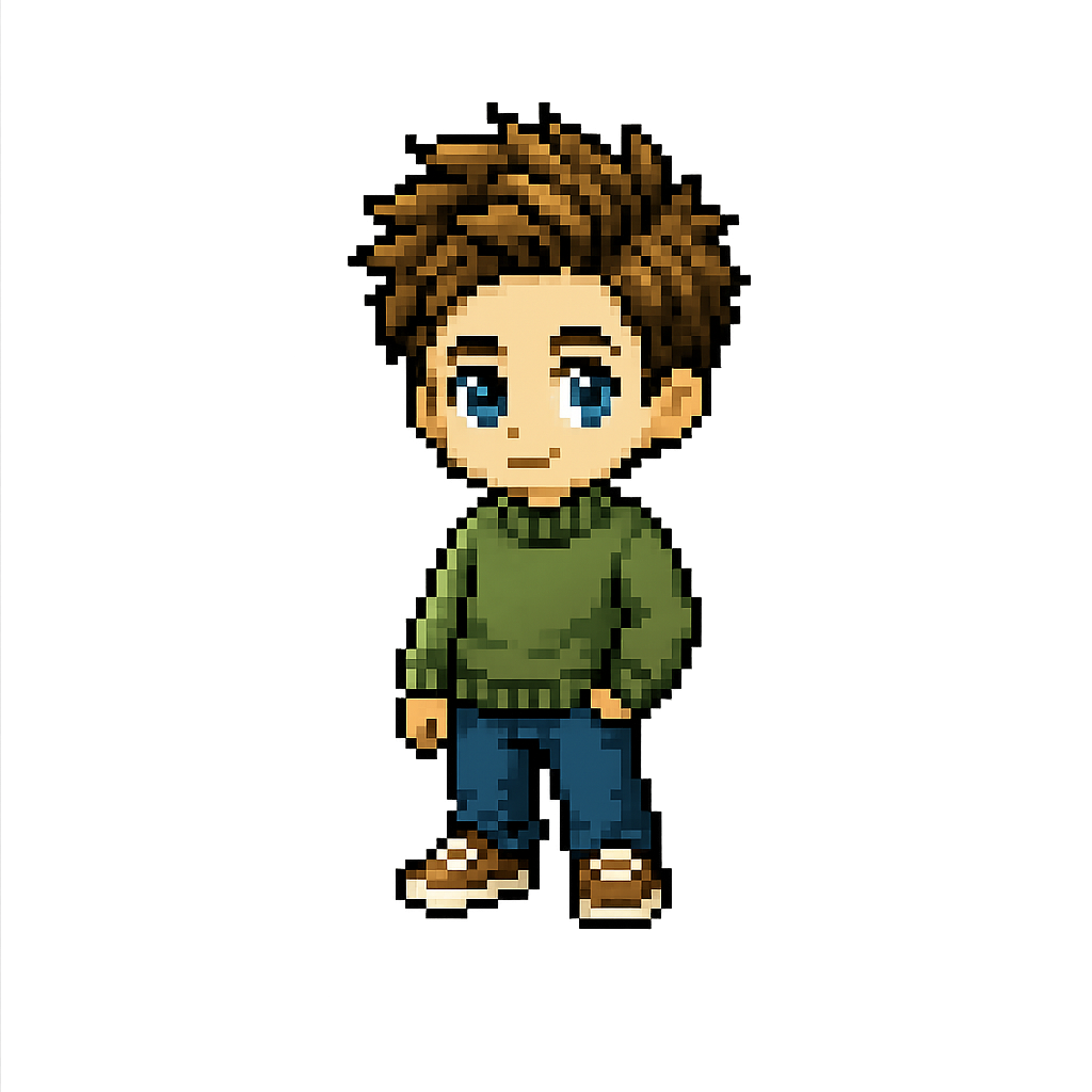 Pixel Coder Codex Pet sprite preview showing a chibi developer with spiky brown hair, blue eyes, a green hoodie, jeans, and sneakers.