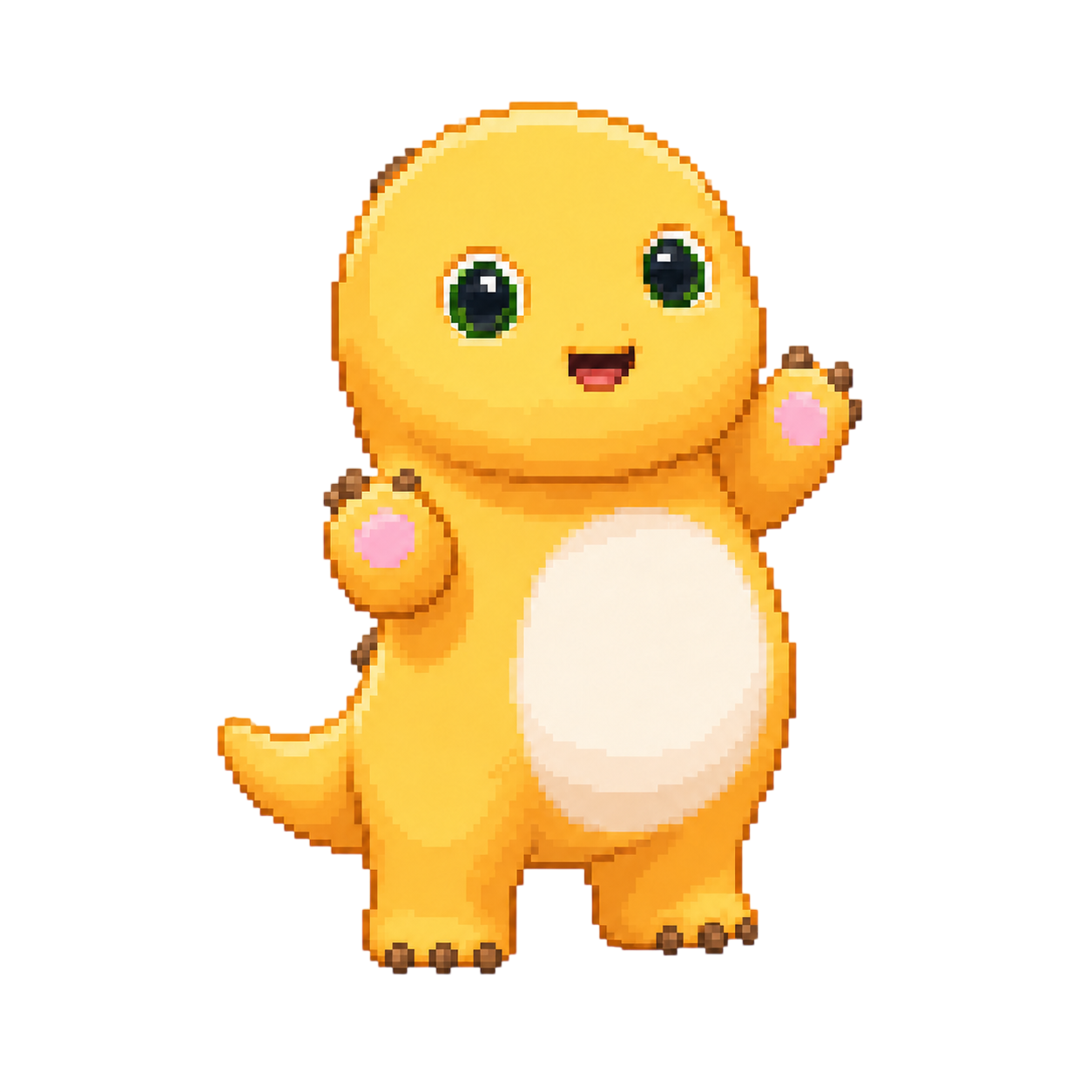 Tiny Dino Codex Pet sprite preview showing a yellow baby dinosaur with green eyes, a white belly, tiny claws, and raised paws.